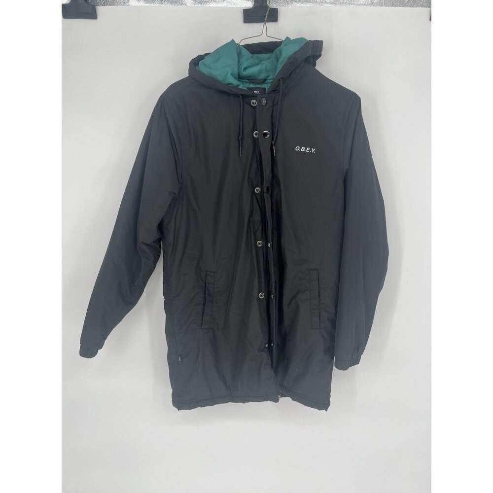 Obey Mens Singford Insulated Hooded Parka Jacket Black with teal‎ inside Small
